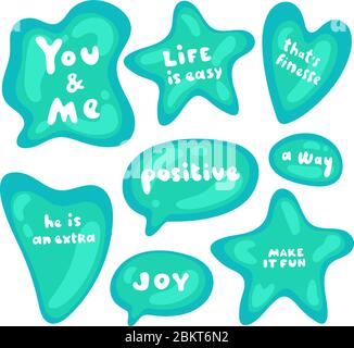 Aufklebersatz in verschiedenen Formen. Kollektion von mehrfarbigen, glänzenden Vektor-Aufklebern auf weißem Hintergrund. Teenager millenials Kultur. Cooler Ausdruck Stock Vektor