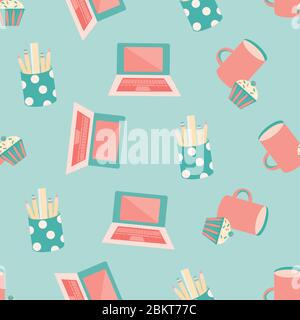 Vektor Grafik Laptop nahtlose Muster Hintergrund. Retro-Farbe Business Hintergrund mit Bleistifthaltern. Abbildung der Büroausstattung. Alles in allem Stock Vektor