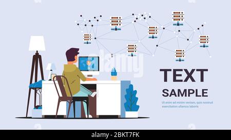 Mann sitzt am Arbeitsplatz mit virtuellen privaten Netzwerk Cyber-Sicherheit Datenschutz-Konzept sichere vpn-Online-Verbindung Schutz personenbezogener Daten Schild auf Computer-Monitor horizontale Kopie Raum Vektor Illustration Stock Vektor