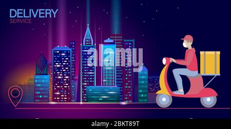 Roller City Lieferbox. Spaziergang Straße Neon-Lichter Lebensmittel Versand Handy App bestellen. Paket Quarantäne Thermal Tasche Rucksack Abendessen Mahlzeit. Schnelle Lieferung Stock Vektor