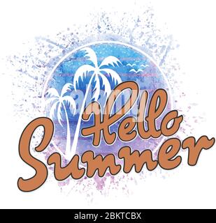 Hallo Sommer. Modernes kalligraphisches T-Shirt-Design mit flachen Palmen auf farbenfrohem Aquarellhintergrund. Lebhaft fröhlich optimistisch Sommer Flyer Stock Vektor