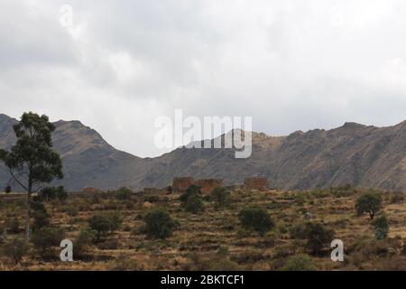 Ruinen auf dem Gipfel des Patacancha verschiedene Bäume und Sträucher im Urubamba Gebirge in den Anden von Peru Stockfoto