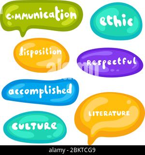 Aufklebersatz in verschiedenen Formen. Kollektion von mehrfarbigen, glänzenden Vektor-Aufklebern auf weißem Hintergrund. Teenager millenials Kultur. Cooler Ausdruck Stock Vektor