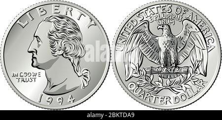 US-Geld, Washington Viertel Dollar oder 25-Cent-Silbermünze, erster US-Präsident George Washington auf der Vorderseite, Weißadler auf der Rückseite Stock Vektor