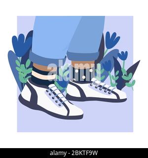 Weibliche oder männliche Beine in Turnschuhen. Coole, helle Sportschuhe. Stylische Plateauschuhe. Hohe Socken und Blumen. Handgezeichnete vektorfarbige Illustration Stock Vektor