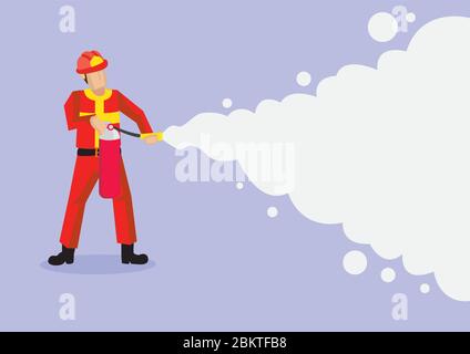 Feuerwehrmann in roter Uniform und Helm sprühen Schaum aus einem Feuerlöscher. Vektor Cartoon Illustration isoliert auf schlichten lila Hintergrund. Stock Vektor