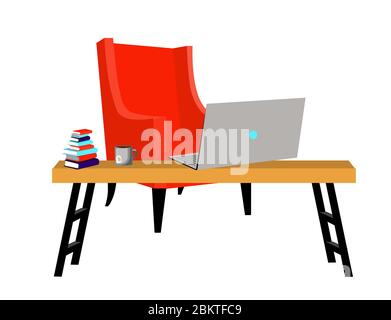 Arbeitsplatz. Schreibtisch und Laptop. Bücher auf dem Tisch .. Vektorgrafik auf weißem Hintergrund. Stock Vektor