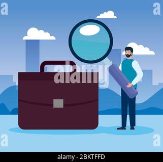 Mann mit Aktentasche Geschäft und Lupe Stock Vektor