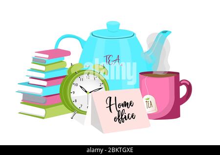 Home Office. Remote-Arbeit. Arbeiten Sie von zu Hause aus. Das Konzept der Selbstisolierung und Quarantäne. Vektorgrafik auf weißem Hintergrund. Tasse Tee, Alarm Stock Vektor