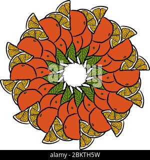 Viele Orangen im Kreis angeordnet. Nahtlose runde Komposition mit handgezogenen Früchten. Vektorgrafik auf weißem Hintergrund. Stock Vektor