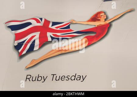 Glasgow, Großbritannien. Mai 2020. Im Bild: Virgin Atlantic (Ruby Tuesday) der Boeing 747-400 Jumbo Jet wird während der verlängerten Sperrung des Coronavirus (COVID19) auf unbestimmte Zeit am Flughafen Glasgow geerdet. Virgin Atlantic kündigte an, dass auch ihre Operationen in Gatwick geschlossen bleiben werden, was massive Auswirkungen auf andere Fluggesellschaften und den Süden Englands haben wird. Quelle: Colin Fisher/Alamy Live News Stockfoto