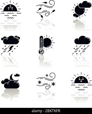 Wettervorhersage Drop Schatten schwarze Glyph Symbole gesetzt Stock Vektor