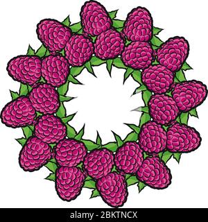 Viele Himbeeren im Kreis angeordnet. Nahtlose runde Komposition mit handgezogenen Früchten. Vektorgrafik auf weißem Hintergrund. Stock Vektor
