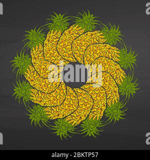 Bunte Ananas im Kreis angeordnet. Nahtlose runde Komposition mit handgezogenen Früchten. Vektorgrafik auf Tafel. Stock Vektor