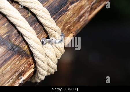 Seil aus natürlichem Hanf um einen Baum gebunden und mit einem Stück Metall befestigt. Dies ist ein Teil der Spielgeräte für Kinder in der Schweiz. Farbfoto Stockfoto