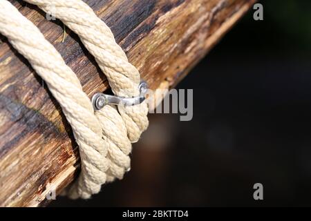 Seil aus natürlichem Hanf um einen Baum gebunden und mit einem Stück Metall befestigt. Dies ist ein Teil der Spielgeräte für Kinder in der Schweiz. Farbfoto Stockfoto