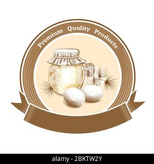 Vector Vinage rundes Etikett für den Hof oder Lebensmittelgeschäft mit Eiern, Honigglas und Text Premium Quality Products. Platz für Text. Stock Vektor