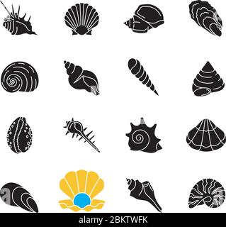 Muschelschalen schwarze Glyphen-Symbole auf weißem Raum gesetzt Stock Vektor
