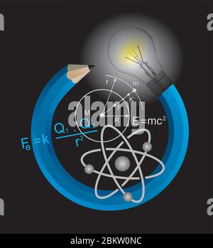 Spielerische Physik, Konzept. Illustration von bunten verdrehten Bleistift mit Glühbirne und Physik-Symbole. Vektor verfügbar. Stock Vektor