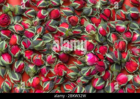 Getrocknete Teerose, Dessertrosen in einer Keramikbecher. Selektiver Fokus. Vintage-Stil. Chinesischer Rosentee. Getrocknete Rosenblüten, die für die Zubereitung von Tee verwendet werden. Stockfoto