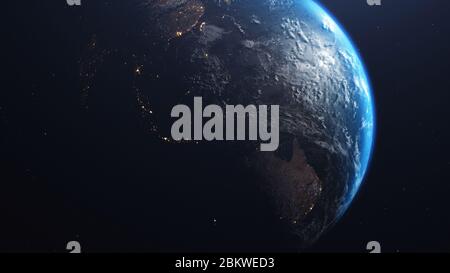 3D-Rendering einer Ansicht des Planeten Erde aus dem All. Auf der Oberfläche des Planeten sind sichtbare Wolken, Kontinente, Ozeane. Elemente dieses Bildes Fell Stockfoto