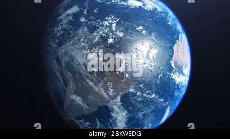 3D-Rendering einer Ansicht des Planeten Erde aus dem All. Auf der Oberfläche des Planeten sind sichtbare Wolken, Kontinente, Ozeane. Elemente dieses Bildes Fell Stockfoto