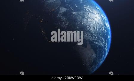 3D-Rendering einer Ansicht des Planeten Erde aus dem All. Auf der Oberfläche des Planeten sind sichtbare Wolken, Kontinente, Ozeane. Elemente dieses Bildes Fell Stockfoto