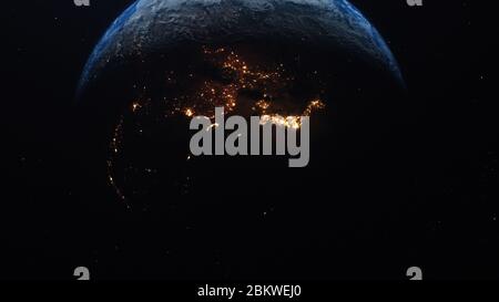 3D-Rendering-Ansicht von Waldbränden und Kriegen aus dem All. Ein feuriger Glanz ist auf der Schattenseite des Planeten sichtbar und führt zu katastrophalen Folgen Stockfoto