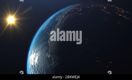 3D-Rendering einer Ansicht des Planeten Erde aus dem All. Auf der Oberfläche des Planeten sind sichtbare Wolken, Kontinente, Ozeane. Elemente dieses Bildes Fell Stockfoto