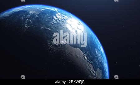 3D-Rendering einer Ansicht des Planeten Erde aus dem All. Auf der Oberfläche des Planeten sind sichtbare Wolken, Kontinente, Ozeane. Elemente dieses Bildes Fell Stockfoto