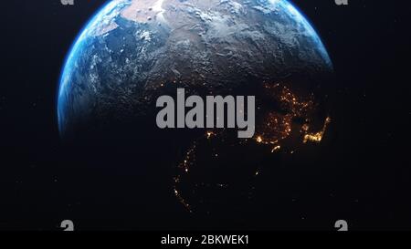 3D-Rendering-Ansicht von Waldbränden und Kriegen aus dem All. Ein feuriger Glanz ist auf der Schattenseite des Planeten sichtbar und führt zu katastrophalen Folgen Stockfoto