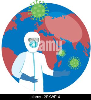 Planet Erde mit kovid19 Teilchen und Biosicherheit Arbeiter Stock Vektor