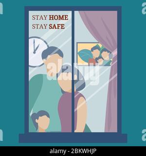Geschrieben - Bleib zu Hause, bleib sicher. Quarantäne zu Hause. Die Familie steht und schaut aus dem Fenster. Das Virus ist draußen. Abwehr Von Ausbrüchen. Sicherheitsmaßnahmen Stock Vektor