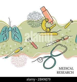 Nahtlose Illustration. Inschrift-medizinische Forschung. Mikroskop, Lunge, Spritze, Cowind-19 Virus, in einer Linie gezeichnet. Stock Vektor