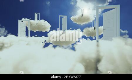 Offene und geschlossene weiße Holztüren über den Wolken Hintergrund 3D-Rendering Stockfoto