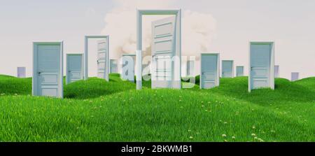 Offene und geschlossene weiße Holztüren auf grünen blumigen Hügeln unter Wolke realistische Hintergrund 3D-Rendering Stockfoto