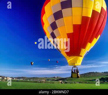 Bunte Heißluftballon, der über einem üppigen grünen Feld abbricht. Stockfoto