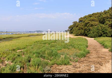 Fußweg an der Smugglers Lane und Fähre harte Gezeitengebiete im Salzmarsch bei Ebbe, Bosham, Chichester Harbour, West Sussex, Südküste Englands Stockfoto