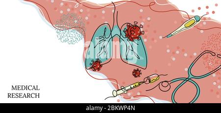 Inschrift-medizinische Forschung. Mikroskop, Lunge, Spritze, Cowind-19 Virus, in einer Linie gezeichnet. Stock Vektor
