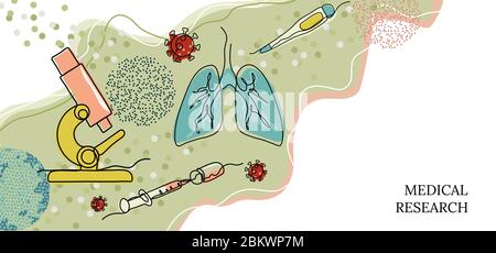 Inschrift-medizinische Forschung. Mikroskop, Lunge, Spritze, Cowind-19 Virus, in einer Linie gezeichnet. Stock Vektor