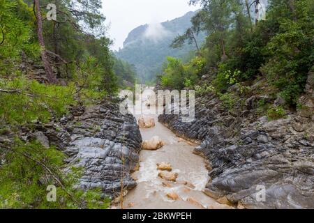 Regnerische Landschaft mit Bergfluss in Goynuk Canyon, Türkei. Berühmte Lizier Touristenweg. Stockfoto