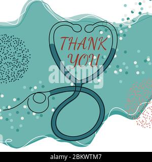 Inschrift-danke. Hintergrund covind-19 Virus, in einer Zeile gezeichnet. Phonendoskop. Stock Vektor