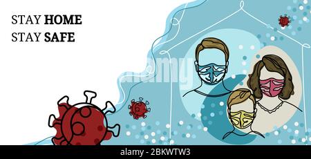 Inschrift-zu Hause bleiben, sicher bleiben. Covind-19 Virus, menschliches Gesicht. Familie. Kind, Mädchen, Junge. Gezeichnet in einer Linie Hintergrund Stock Vektor