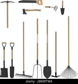 Startseite Gartenarbeit Holzgriff Werkzeuge Set Sammlung Design Stock Vektor