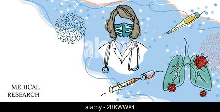 Inschrift-medizinische Forschung. Mikroskop, Lunge, Spritze, covind-19 Virus, Arzt, Thermometer in einer Linie gezeichnet Hintergrund Stock Vektor