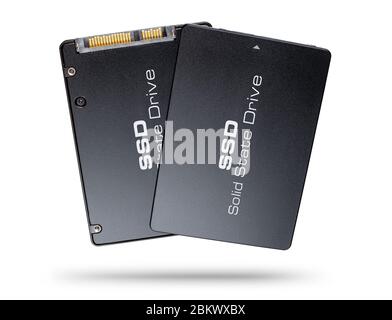 Paar schwarze goldene SSD Solid State Drive Computer Festplatte Flash-Speicher vorne und hinten auf weißem Hintergrund isoliert. pc-Datensicherung modern tec Stockfoto