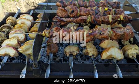 Gegrilltes Fleisch auf Kohlen, saftig leckeren Grill auf Spieße. schisch Kebab auf Spieße über Holzkohle Brazier im Freien. Fleisch Shashlik (Schisch Kebab) Schweinefleisch Grill Stockfoto