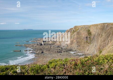 Rocky Hartland Quay in Devon, am South West Coast Path, war einst ein blühender Hafen und Hafen. Das Hotel ist praktisch für Wanderer. Stockfoto