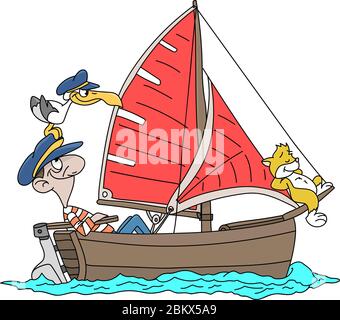 Cartoon Kapitän Segeln mit seiner Katze und Möwe Vektor-Illustration Stock Vektor