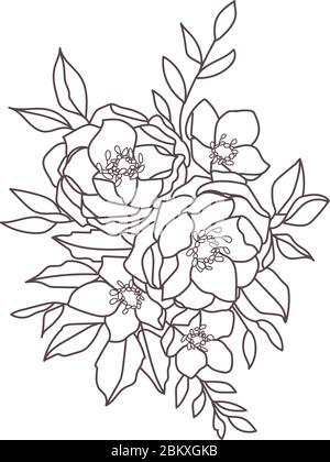 Boho Blumen und Laub - ein mittelgroßes Schwarz-Weiß-Pfingstrose-Bouquet mit Blättern Stock Vektor